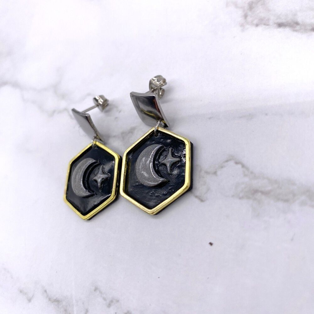 Black Holographic Celestial Crescent Moon Dangle Stud Earrings - Picture 3 of 15